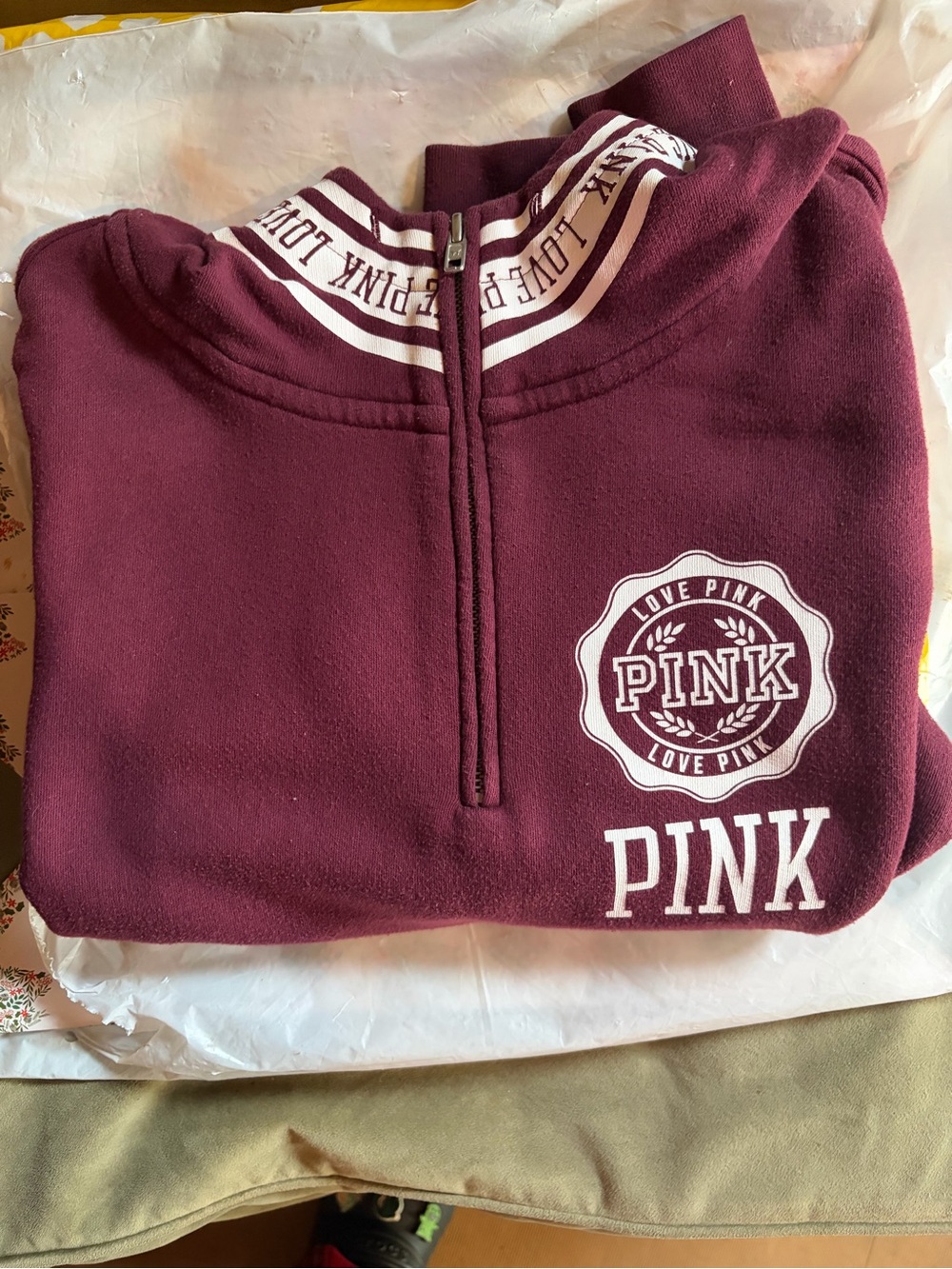 PINK Victoria's Secret Maroon Half-Zip Pullover with White Logos